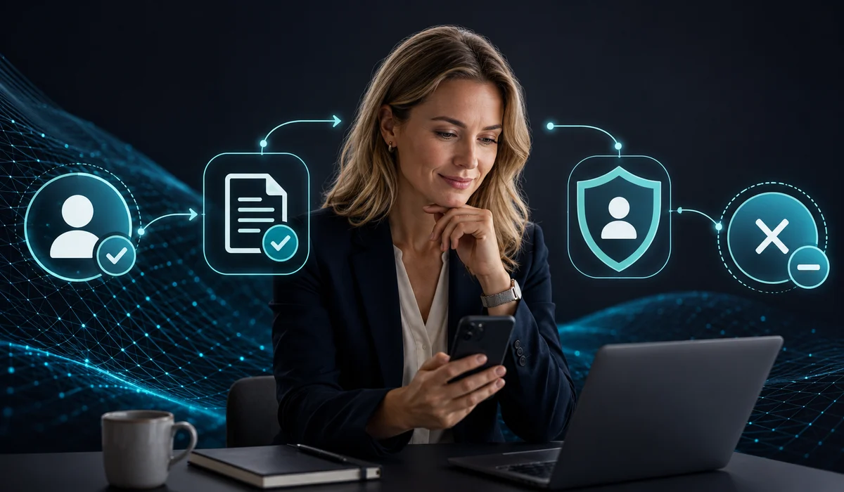 A marketer reviews an SMS workflow with symbols for active choice, documentation, privacy and opting out.